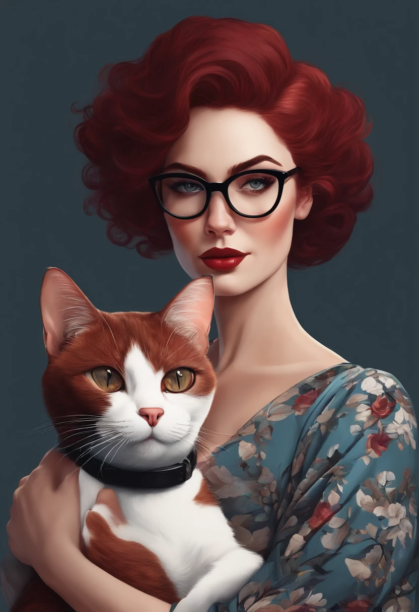 Cartoon character of a woman with black glasses, Short burgundy red hair, Holding a black and white cat in her arms