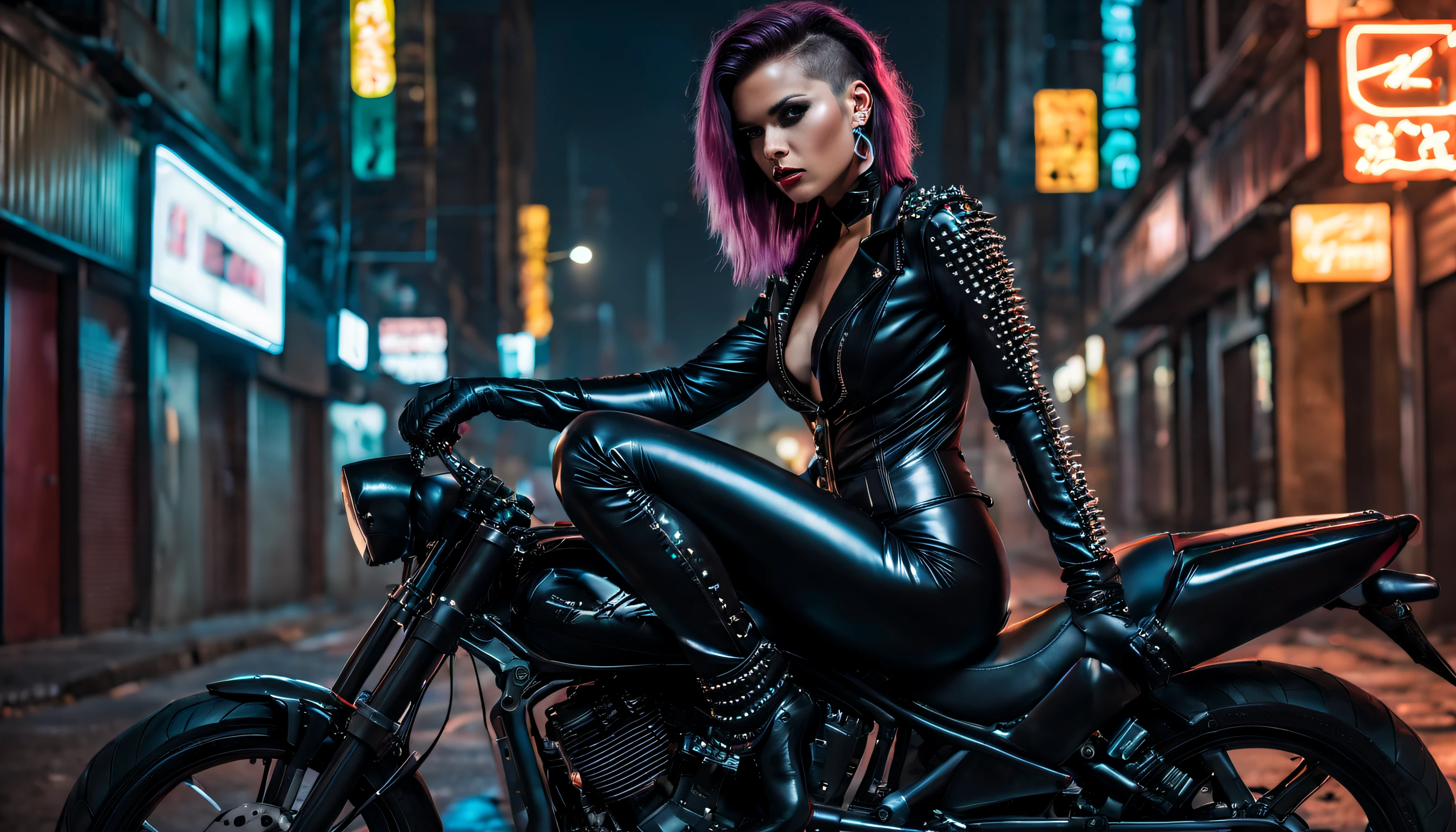 woman wearing a black PVC low-cut catsuit thigh High boots chains studs and spikes , on motor bike , in cyberpunk city at night , enlightened by neons
