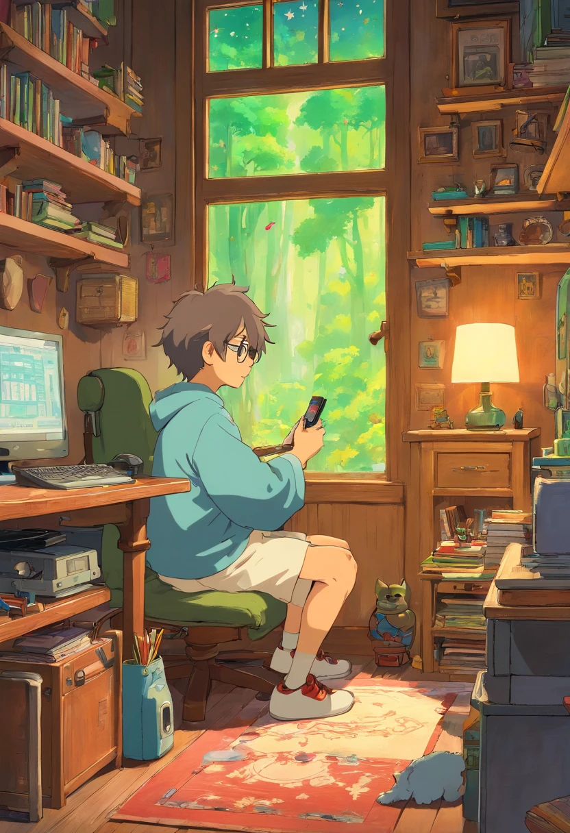 (master part) um menino (macho) estudando sentado em seu quarto, sobre sua mesa, com fones de ouvido ligados, named after Jean romoli, videogame na parede, Posters, janela mostrando a lua e as estrelas, calmo, em paz, pensante, cinemactic, color grading, lindamente codificado por cores,