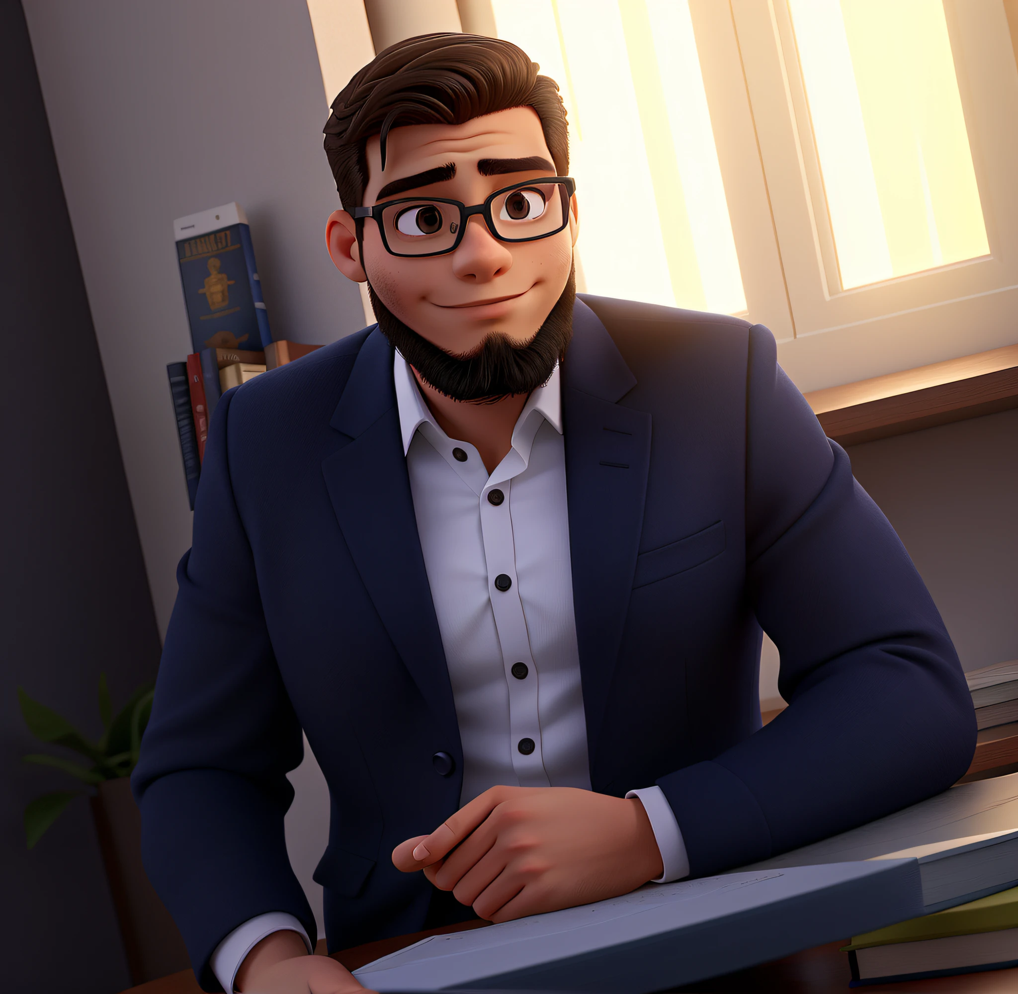 A strong and young man in appearance, com ar esportivo e intelectual, Beautifully dressed is in a room with bookshelves