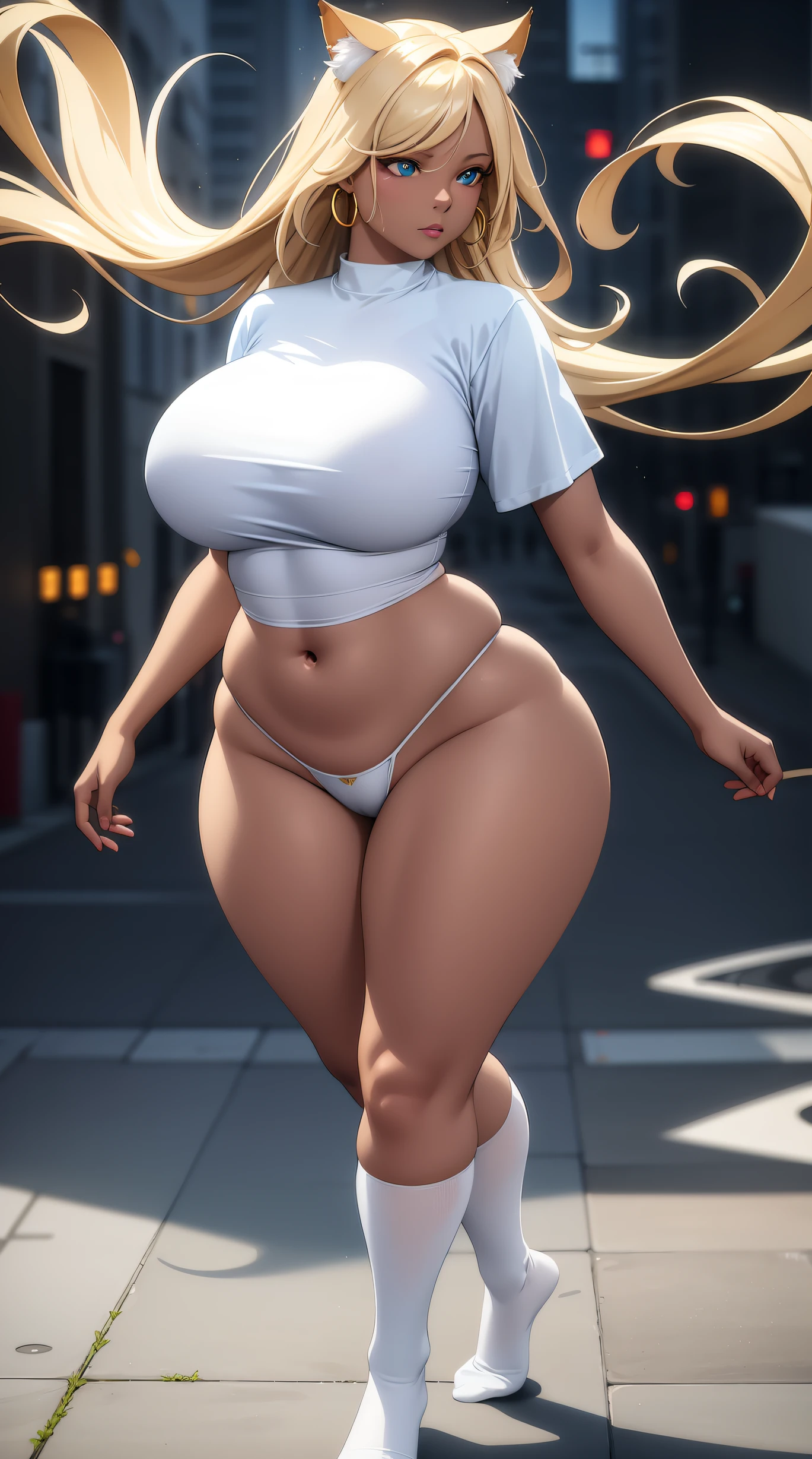 (best quality:1.5, highres, UHD, 4K, detailed lighting, shaders), white wavy hair, gradient hair, cat ears, large breasts, big butt, big thighs, mature woman, small shirt, small skirt, long socks, white panties, , (pov), full body, white background, colorful eyeshadow, dramatic lighting, sparkling eyes, confident expression, golden earrings, flowing hair, delicate facial features, dark skin, high cheekbones, stylish clothing, urban setting, white background