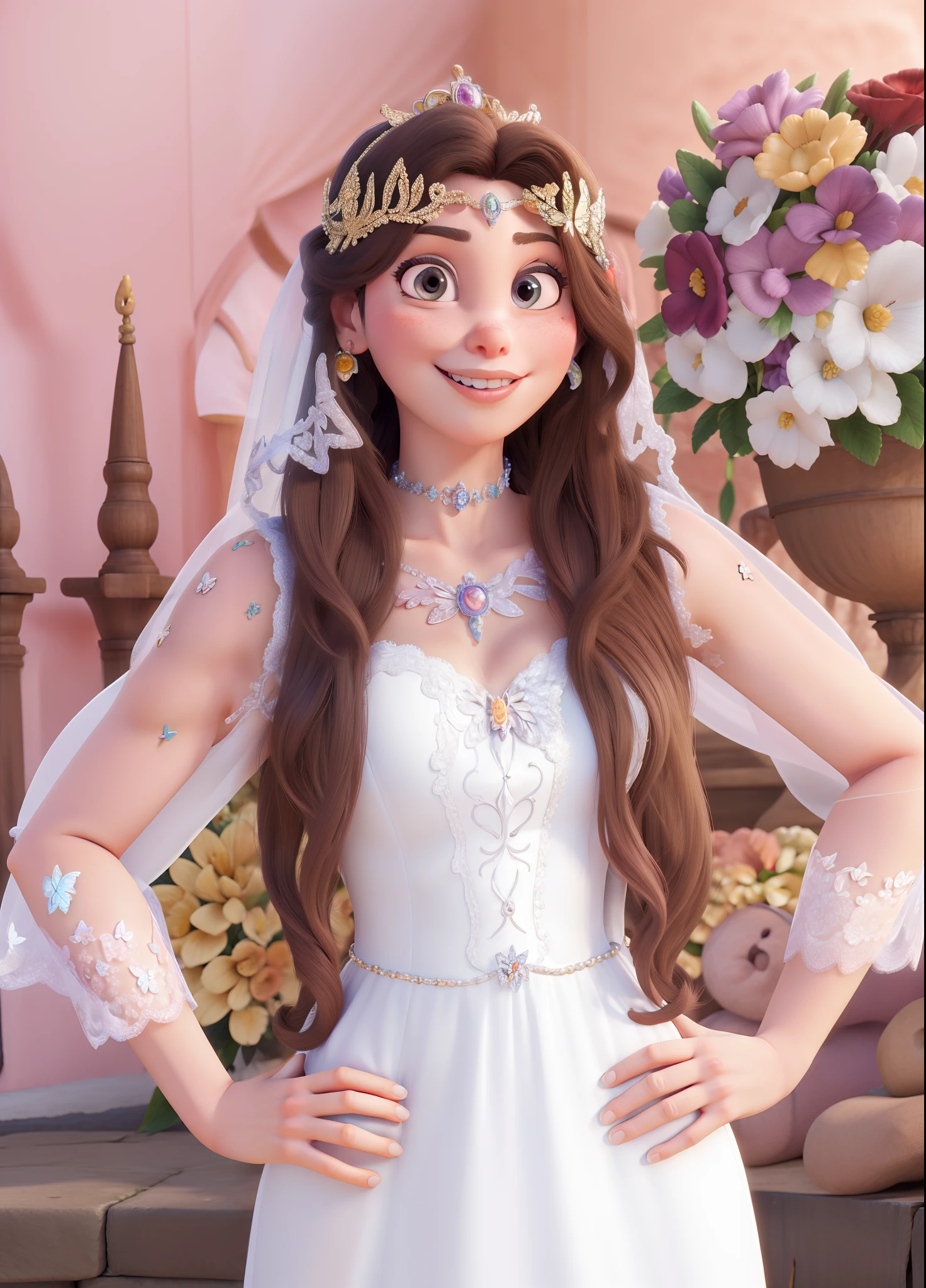 Princesa da disney, castelo ao fundo, vestido branco, butterfly tattoo on the upper part of the right arm, estilo pixar, 8k,