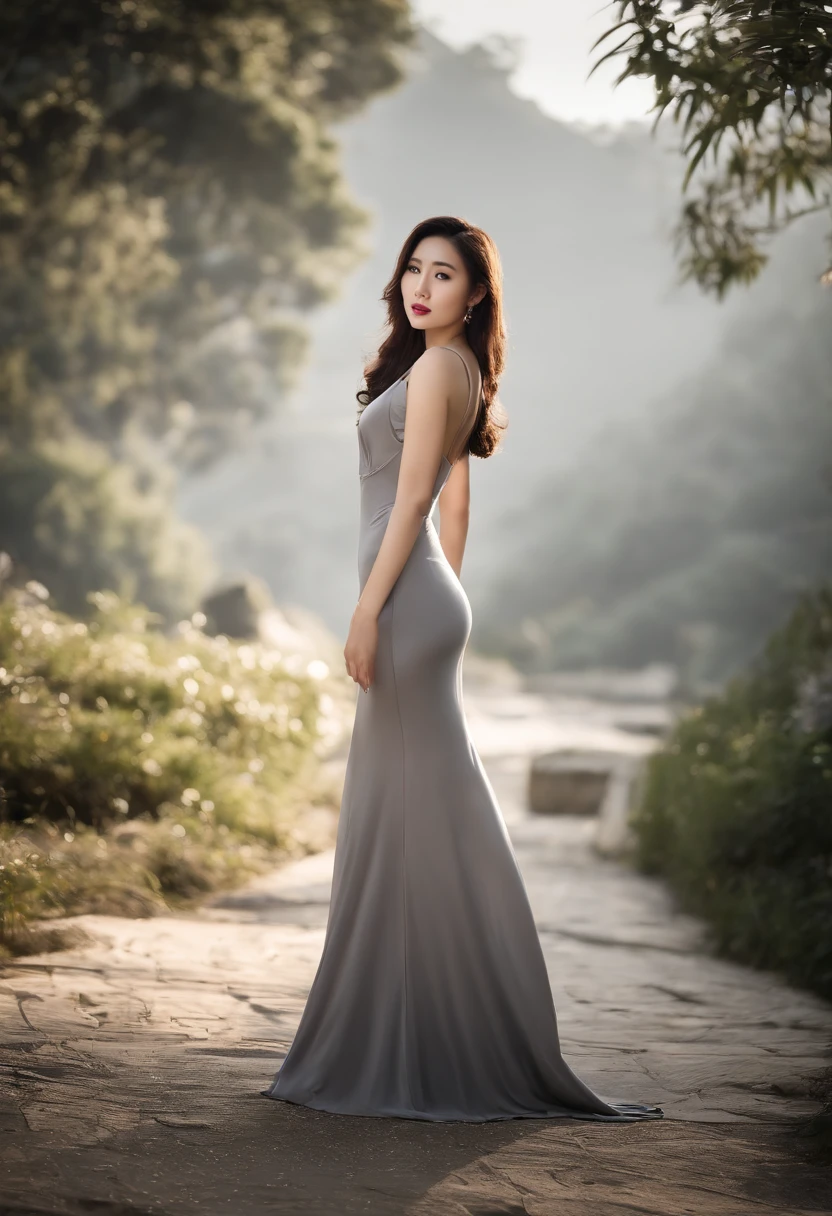 filmposter，Sony SLR lens，Master masterpieces，high-definition quality，A Chinese female model in a gray dress，posed for photo, Transparent gray dress, pretty face with arms and legs, tight attire, very beautiful long slim legs, , full body photogenic shot, D-cup exposed cleavage，wearing tight simple clothes, woman model, tightly dress, Sexy dress, full body length shot,Soft lighting