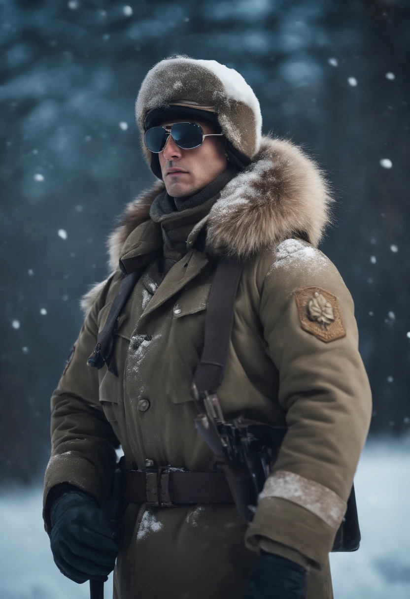 (4K), (best quality), (Best details), (ultra realistic), Kai'sa, russian soldier, winter, snow storm, russian hat, sunglasses, beautiful, soldier's salute, looking at viewer, winter war.