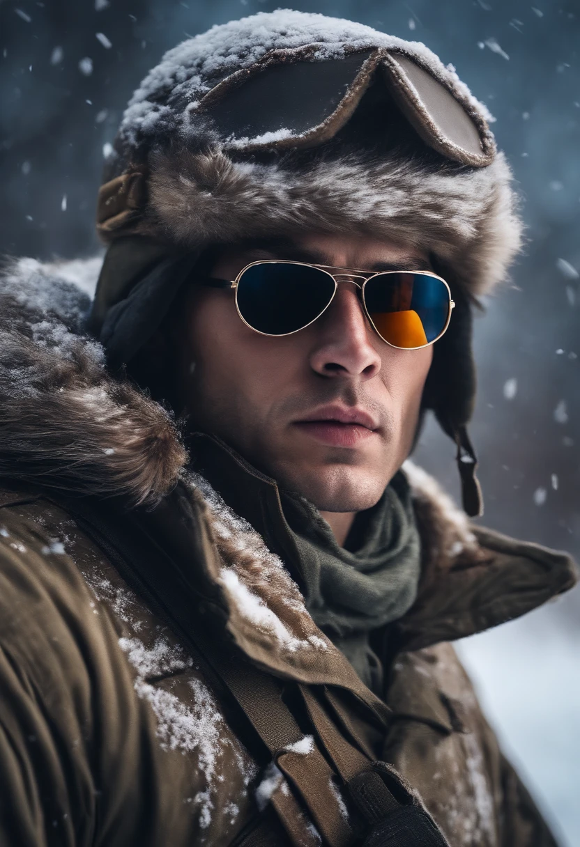 (4K), (best quality), (Best details), (ultra realistic), Kai'sa, russian soldier, winter, snow storm, russian hat, sunglasses, beautiful, soldier's salute, looking at viewer, winter war.