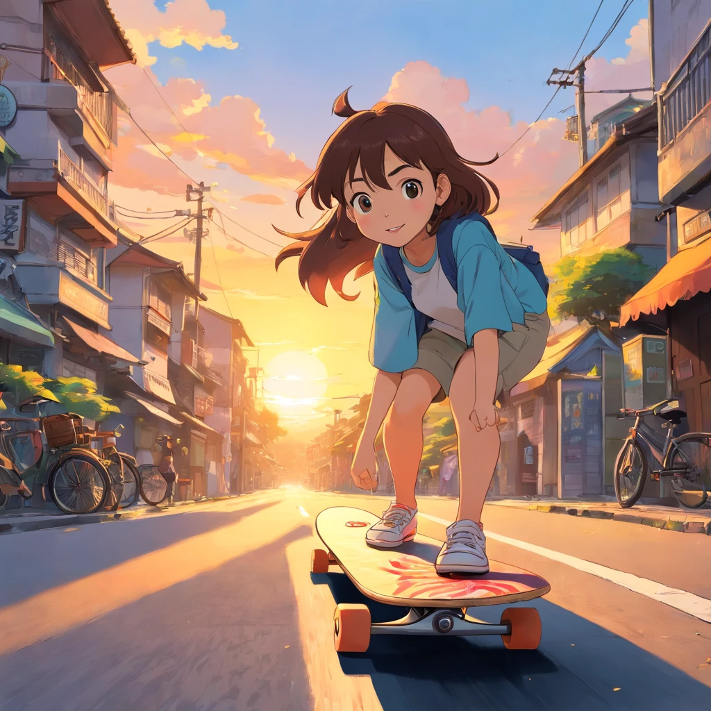 Indonesian girl, hair wolf cut,street of city bandung, skateboard activity, afternoon sunset, best quality