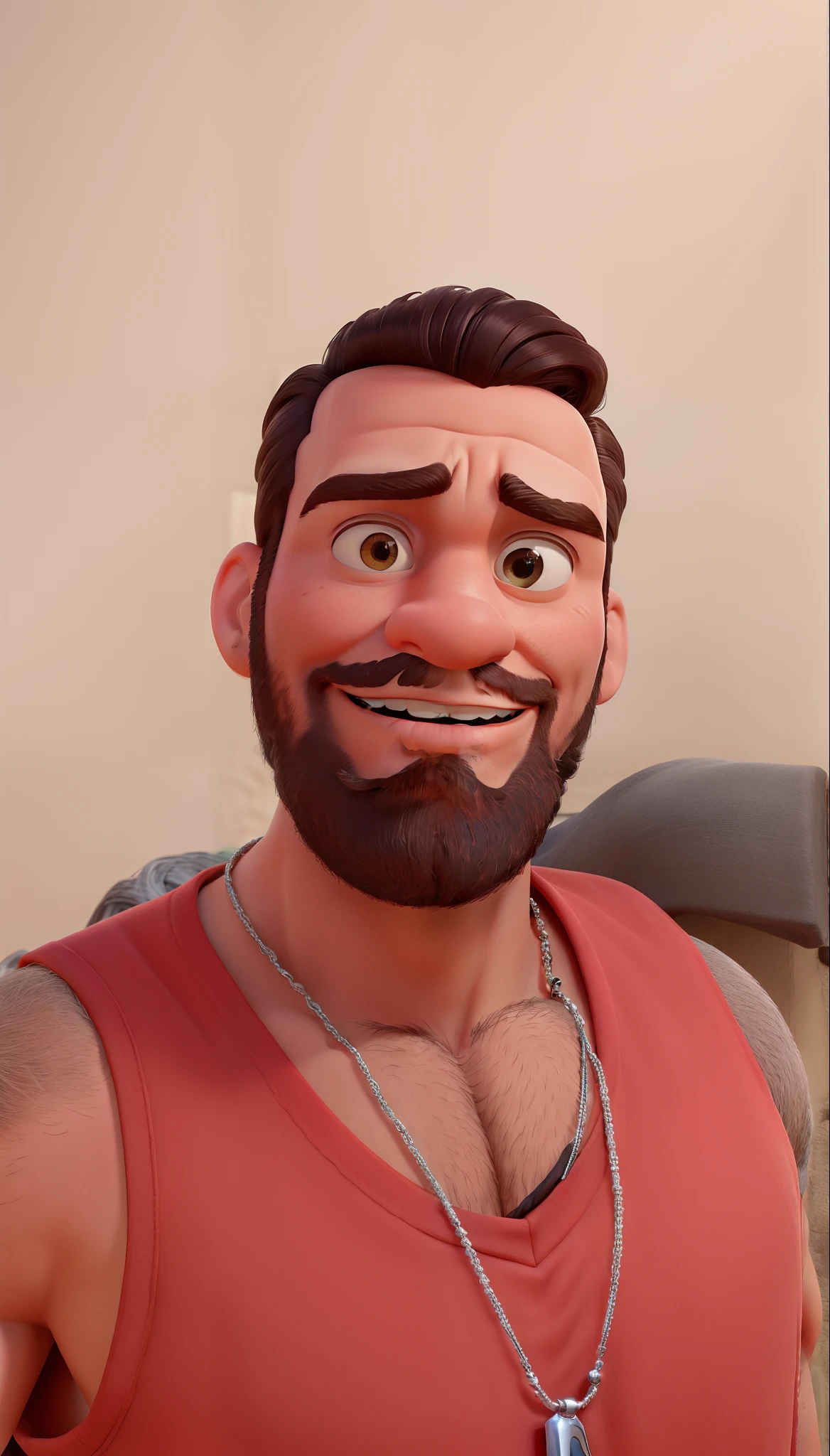 Um homem serio estilo Disney pixar de melhor qualidade, cabelos pretos, barba de comprimento baixa preta, regata vermelha, silver necklace on neck
