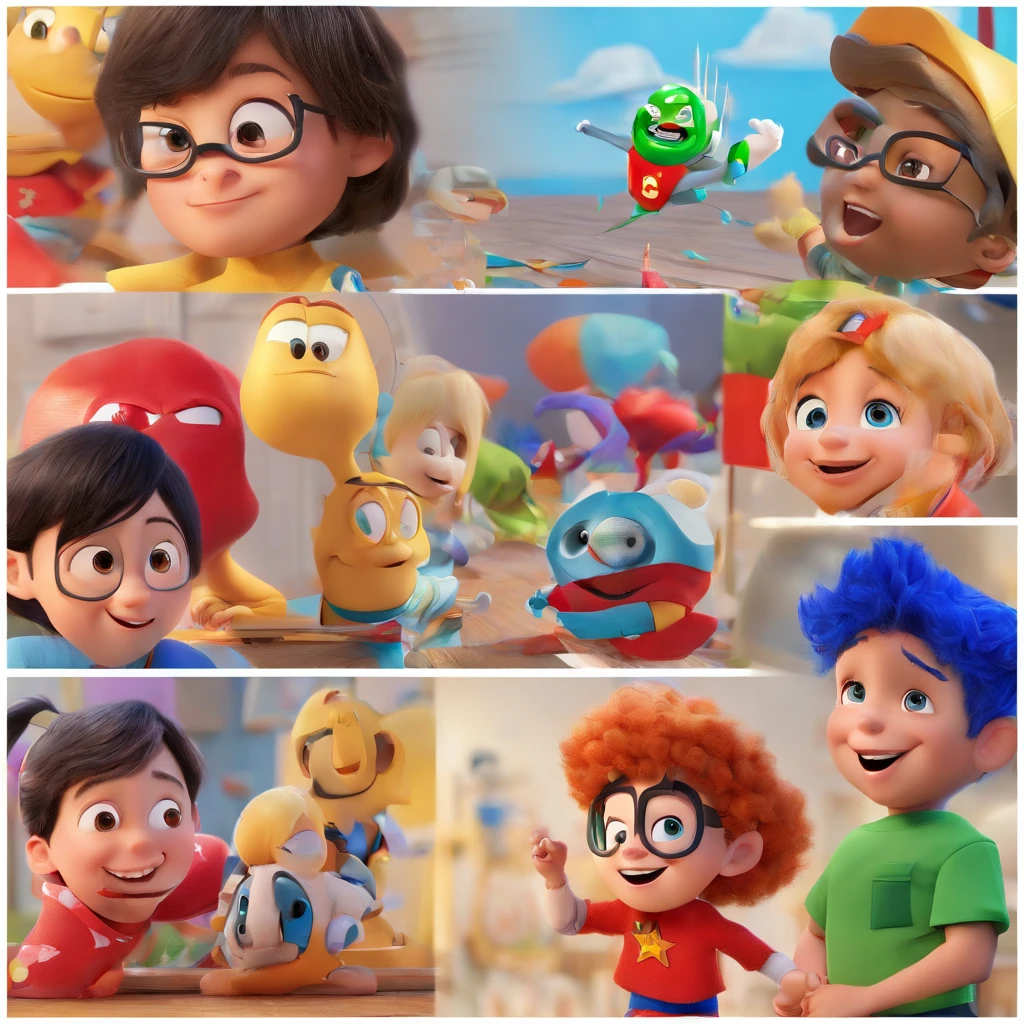 Create a Disney Pixar-inspired poster featuring the character of a happy autistic child dressed in superhero outfits, Talking to other children, ela lidera a turma, Make the child very happy