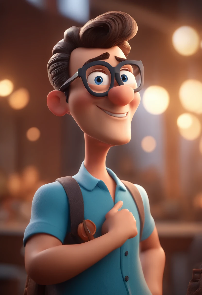 Cartoon character of a man with black glasses and a blue shirt, animation character, Caractere estilizado, animation style rendering, 3D estilizado, Arnold Maya render, 3 d render stylized, toon render keyshot, Personagem 3D, Personagem 3D, 3d rendering stylized, 3 d character render, personagem de desenho animado, Personagem de close up, Pose de personagem, (Estilo Pixar) (master part:1.2) (Bokeh) (best quality) (pele detalhada) (textura detalhada) (8k) (argila) (Cinematic lighting) (foco nítido