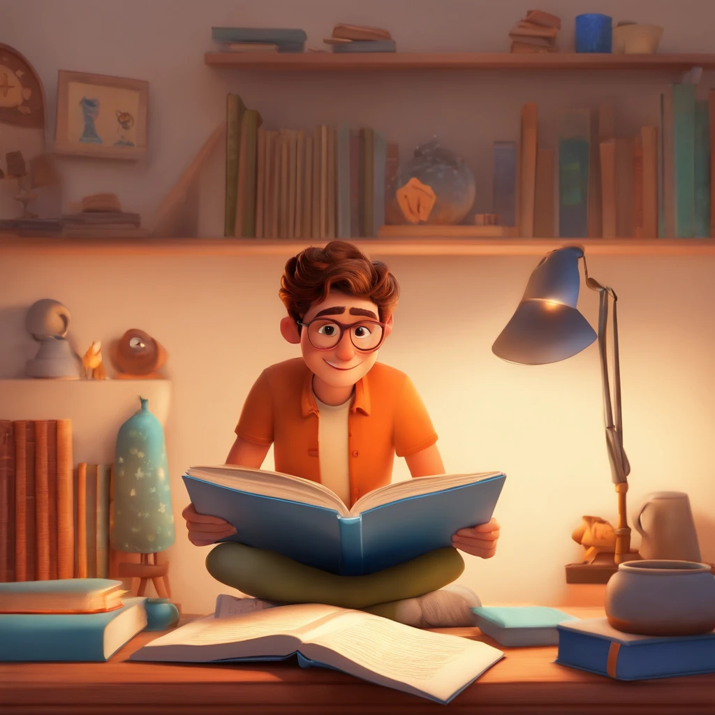 fundo branco, pixar desenhos animados 3D, homem lendo um livro, ::estilo pixar cartoon