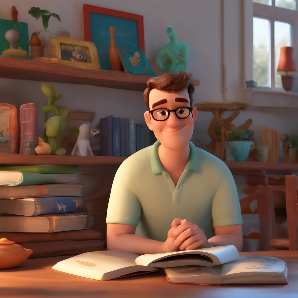 fundo branco, pixar desenhos animados 3D, homem lendo um livro, ::estilo pixar cartoon