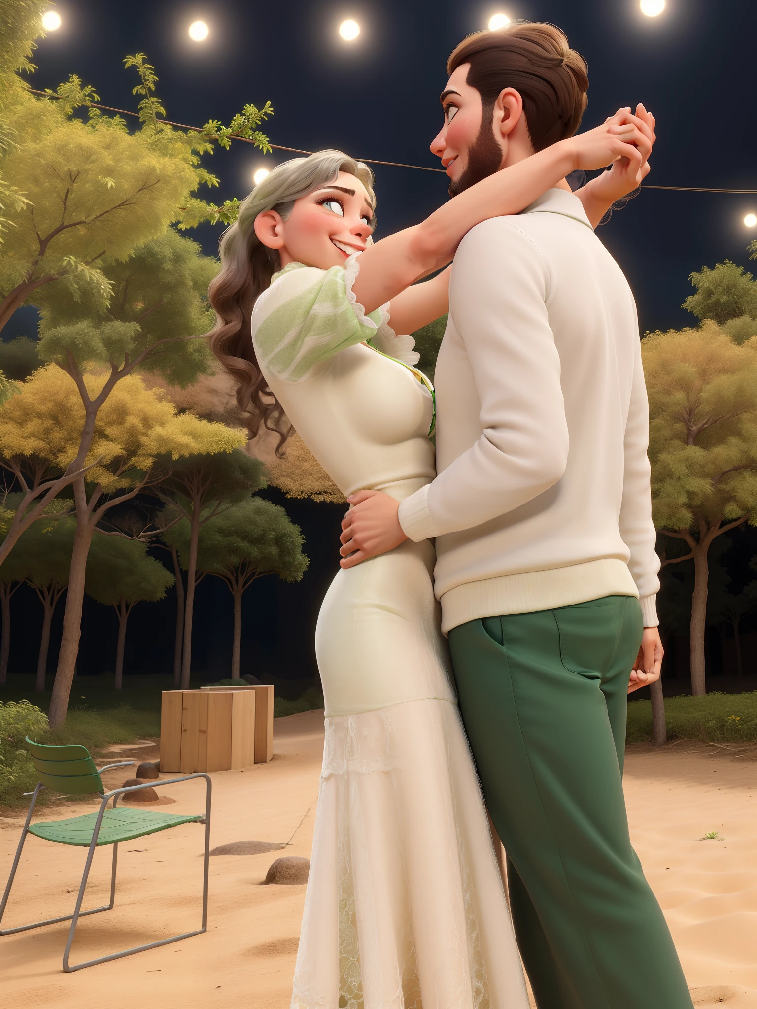 Obra-prima, de melhor qualidade, Mulher branca com cabelos longos castanhos e ondulados, de olhos verdes, com vestido branco sorrindo.
