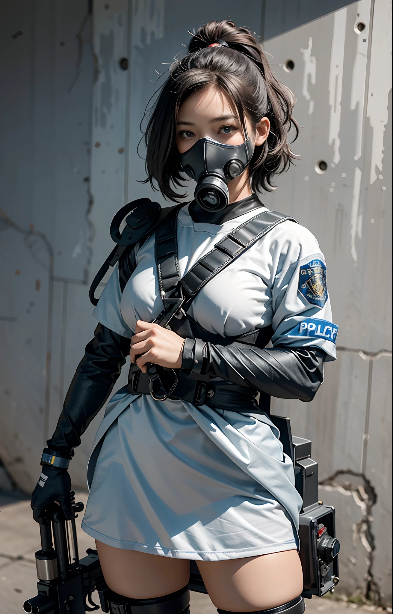Highest image quality, outstanding details, ultra-high resolution, (realism: 1.4), ((close up:0.75)), highly condensed 1 lady, beautiful and a delicate face, perfect proportion, (chubby:0.3, small breasts), (cloths color base ratio white:0.7 other-color:0.1), (wearing rash-guard likes police uniform, black and gray mecha, wearing high-tech heavy gasmask, military harness, holding a machinegun, carrying hich-tech-flamethrower -tank on back), captain, background simple grey wall,