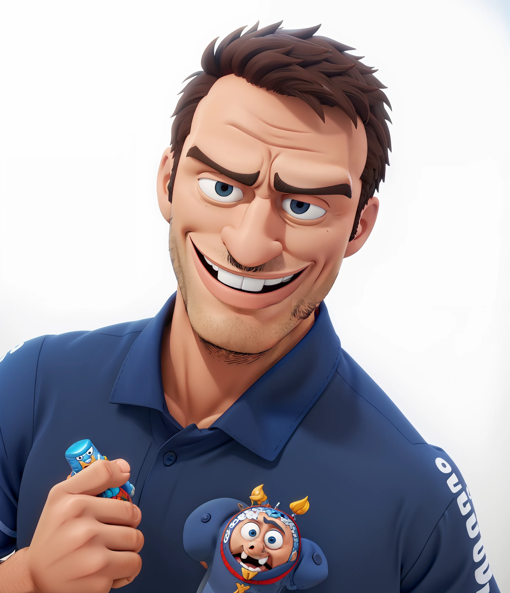 homem barbudo de camisa azul alto e super forte e sorridente disney pixar cartoon