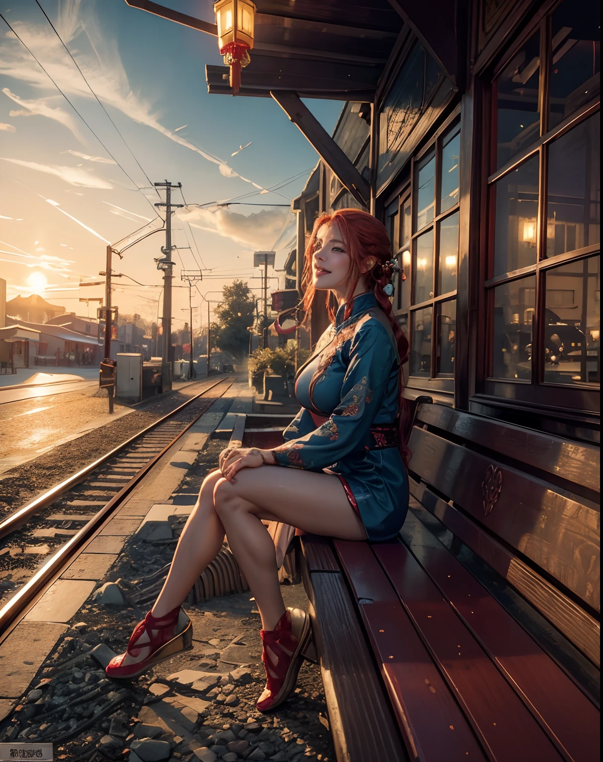 Dramatic lighting, deep shadows, natural colours, close up portrait, side view, young girl wearing chinese outfit with detailed ornate, sitting crossed legs on bench beside railway, exposed thigh, french braided red hair, dimple, detailed blue eyes, seductive smiling, laugh wide mouth open, slim fit body, big boobs, beauty face, morning on the street,