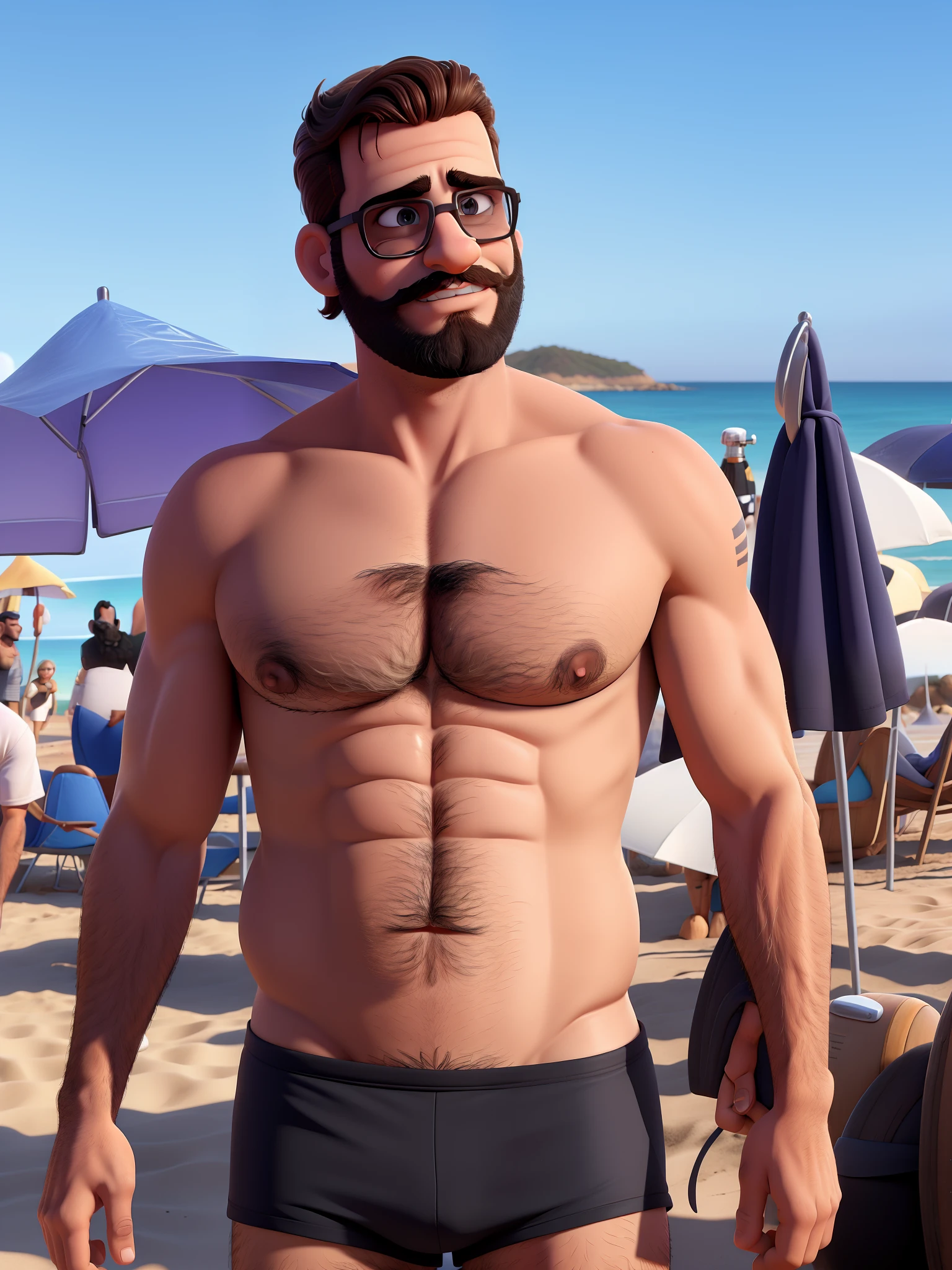 Homem branco de 30 anos de barba e cabelo preto na praia