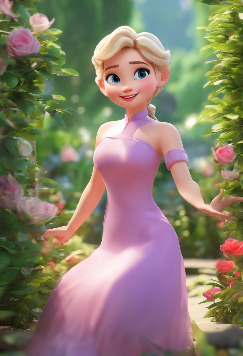 (best quality,masterpiece:1.2,photorealistic,ultra-detailed,CG rendering,8k wallpaper),Chibi,1girl,Elsa,alone,full body,smiling,looking in viewer,outdoor,lush green garden.