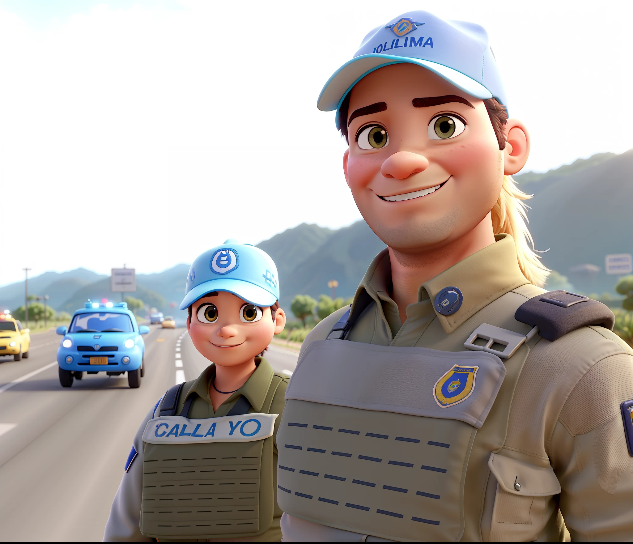 Cria uma imagem do tipo pixar Disney, in the image, two military highway police officers from the state of Santa Catarina are in front of a highway with cars traveling, o sol reluz em seus cabelos