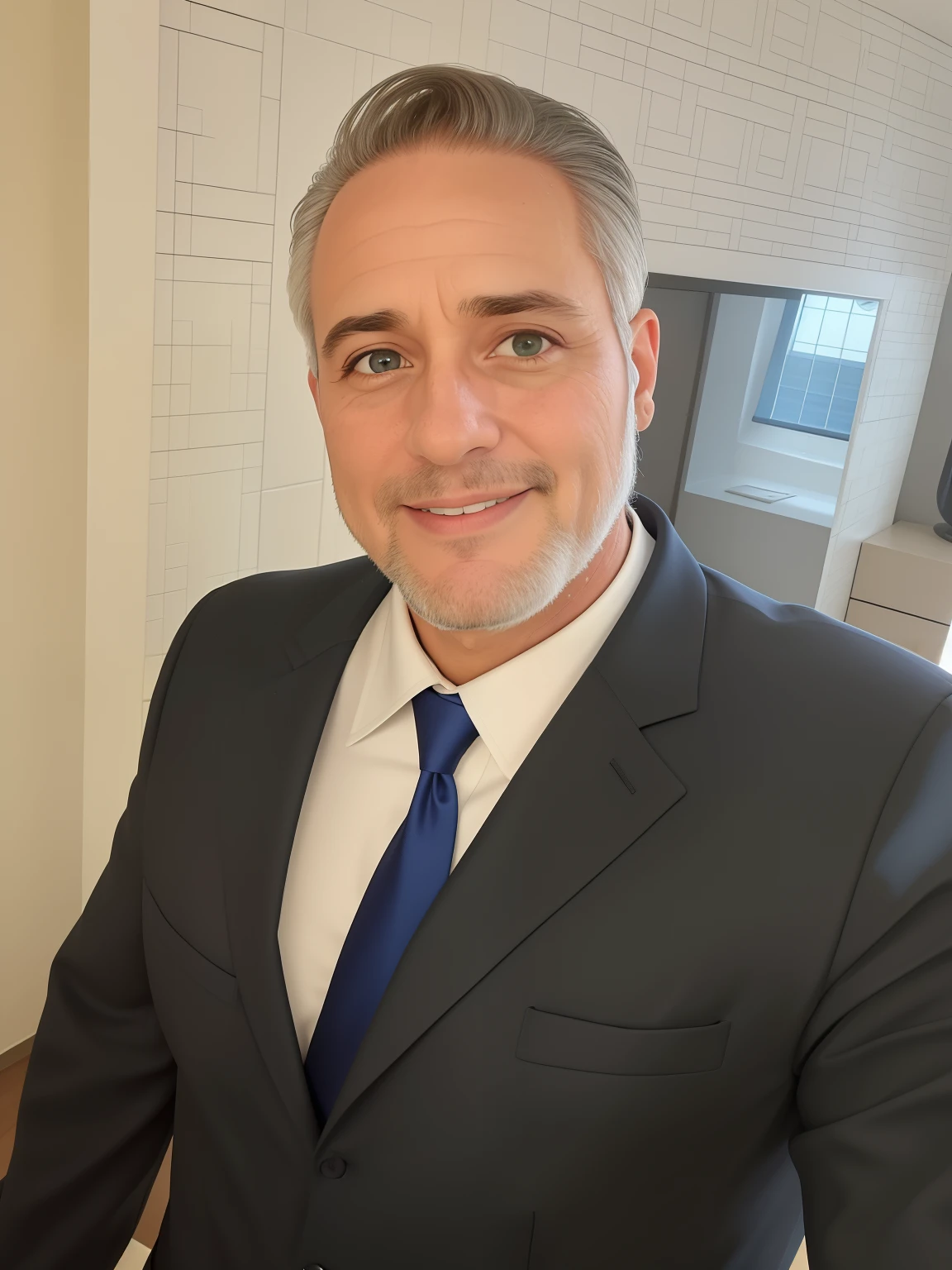 Um homem de 45 anos, com cabelos castanhos curtos, face de diamante, olhar rigoroso, e olhos azuis cinzentos, vestindo camisa branca branca com gravata e terno azul marinho