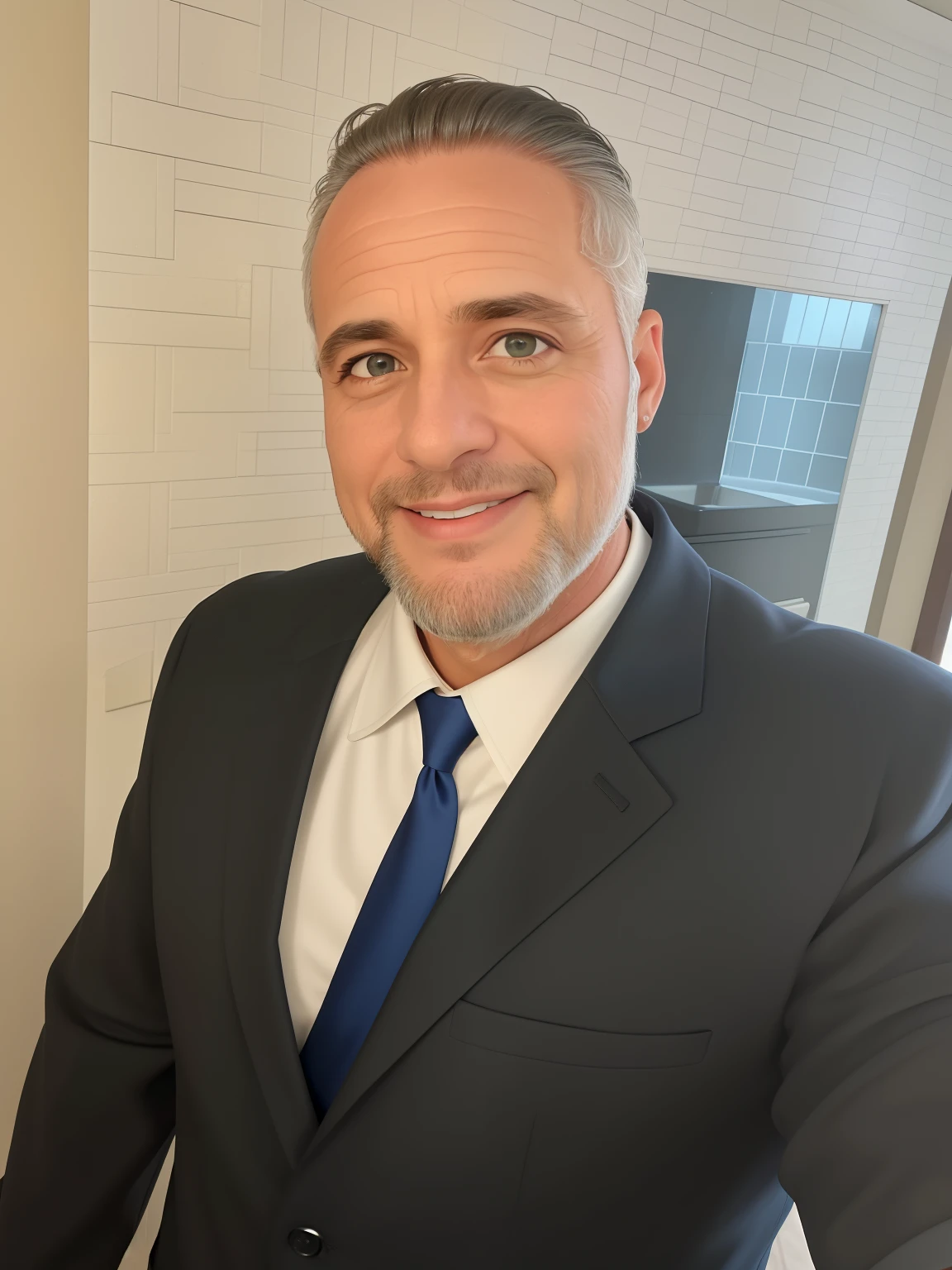 Um homem de 45 anos, com cabelos castanhos curtos, face de diamante, olhar rigoroso, e olhos azuis cinzentos, vestindo camisa branca branca com gravata e terno azul marinho
