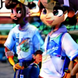 uma familia disney pixar, alta qualidade, melhor qualidade, mulher branca de cabelo castanho na altura dos ombros usando jaqueta azul e camiseta branca e com sorriso feliz, White child with brown hair, white bow on head, camiseta laranja e com sorriso sincero e feliz entre seus pais, black man, without hair, posam felizes para uma foto em um restaurante