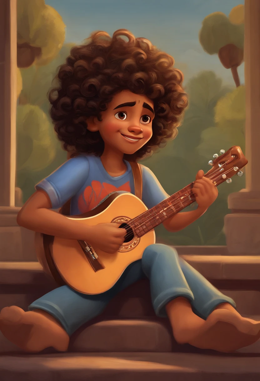 crie um banner no estilo Pixar. A boy with Indian features, moreno pardo com cabelos curtos, Castanhos escuros, Curly and slightly grayish appearance, mas jovem, usando uma camiseta, Wearing jeans and holding a classical guitar with 7 strings.