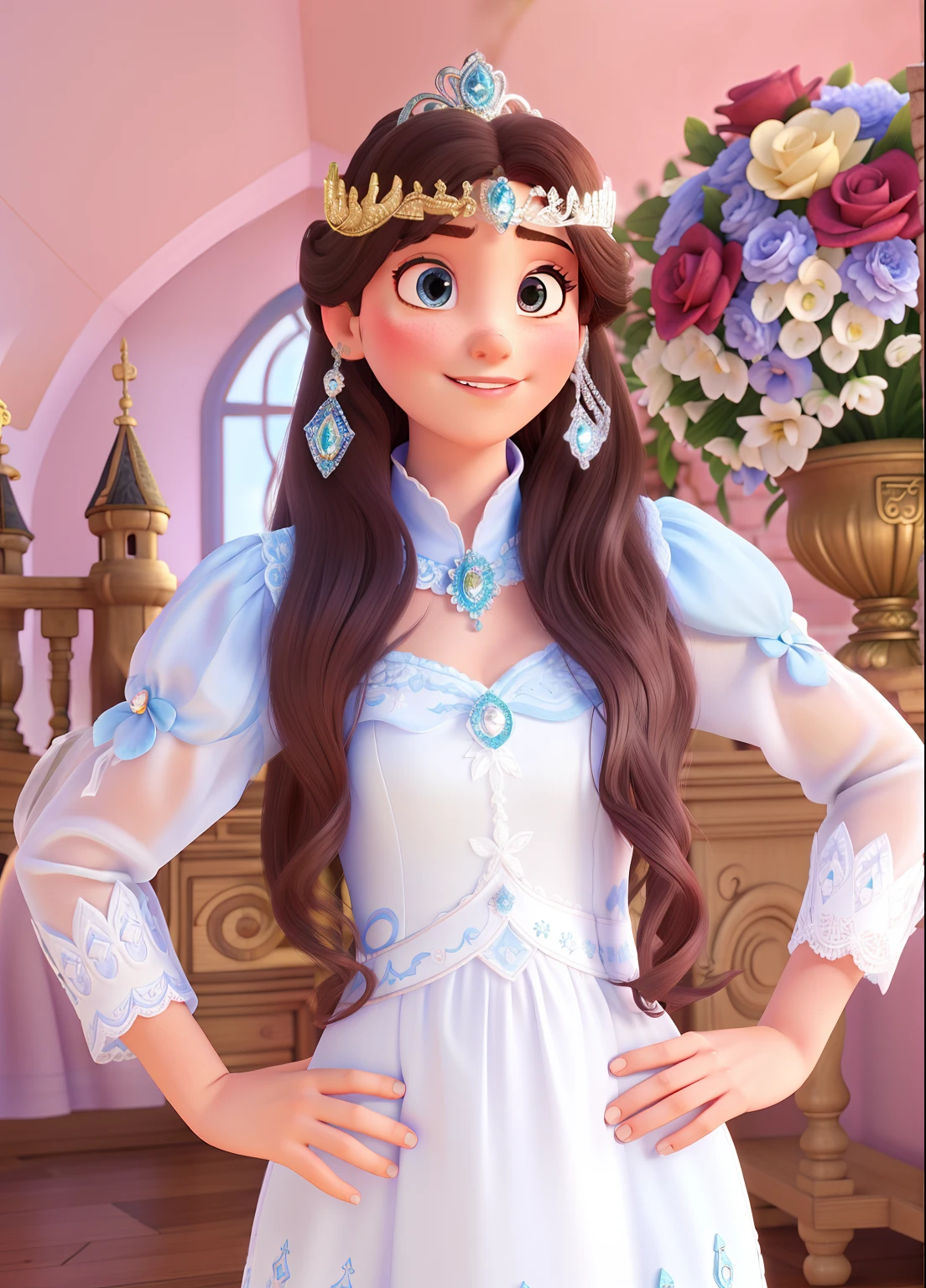 Princesa da disney, castelo ao fundo, vestido branco, estilo pixar, 8k
