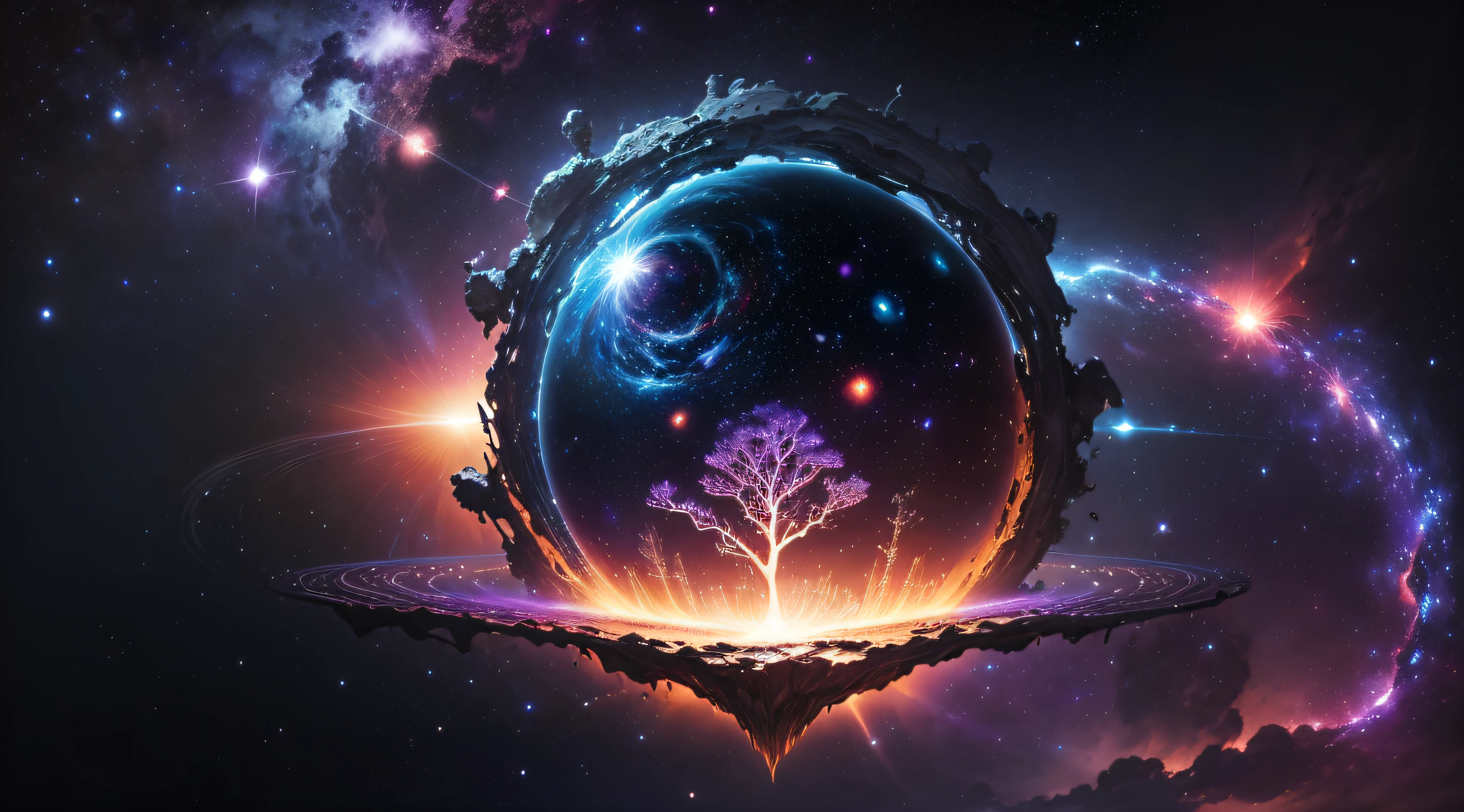 world tree,Ring of the Stars,The boundless universe,Endless galaxies,Dangerous black holes,Exploding supernova,Floating stellar nebula,Negative dark mode