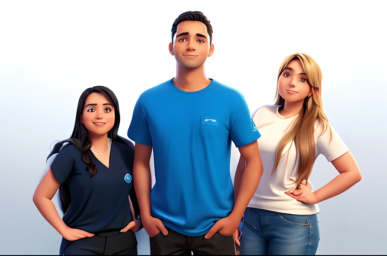 Three people in blue t-shirt and black pants standing next to each other in front of a white background, imagem de perfil, Directed by: Luis Miranda, adreas rocha, Photographic Marketing, adulto, by Amelia Peláez, imagem frontal, zigor samaniego, Directed by: Samuel Silva, Directed by: Nandor Soldier, Family photo, 1614572159, Alex Flores