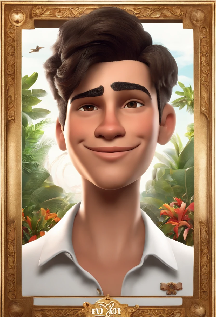 3D poster inspired by Disney/Pixar capturing a scene with the title "VITOR" a young 14 year old boy with very little beard that focuses only on his soul patch chin, black razor fade hair, white shirt, short white shorts and a white sneakers with a concealer symbol.
