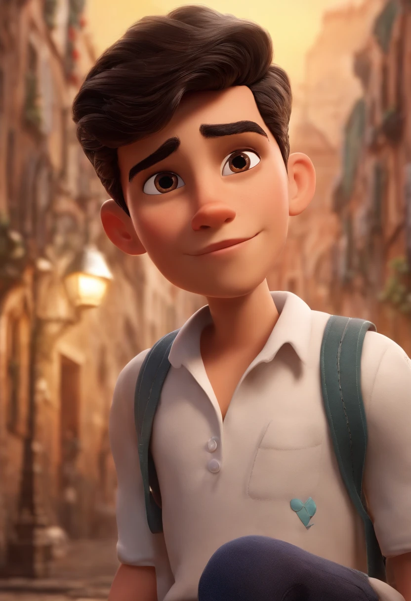3D poster inspired by Disney/Pixar capturing a scene with the title "VITOR" a young 14 year old boy with very little beard that focuses only on his soul patch chin, black razor fade hair, white shirt, short white shorts and a white sneakers with a concealer symbol.
