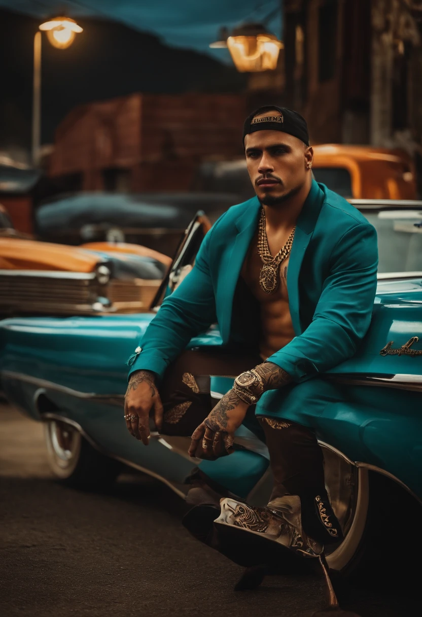 Criar um banner somente escrito em caixa alta "Mi Barrio Ropas" no estilo ticano com um fundo de bairro de periferia e com carros lowriders e pessoas tatuadas
