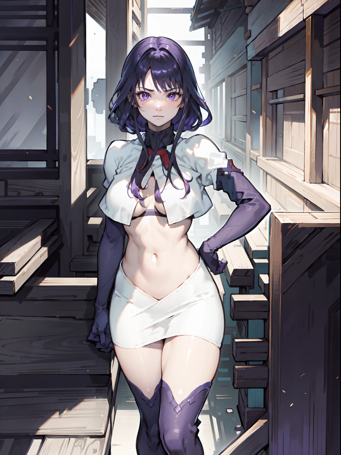 Raiden Shogun, Breasts, Purple hair,Purple eyes, Moles under eyes,1girl,team rocket,team rocket uniform,white skirt,crop top,black thigh-highs,black elbow gloves,