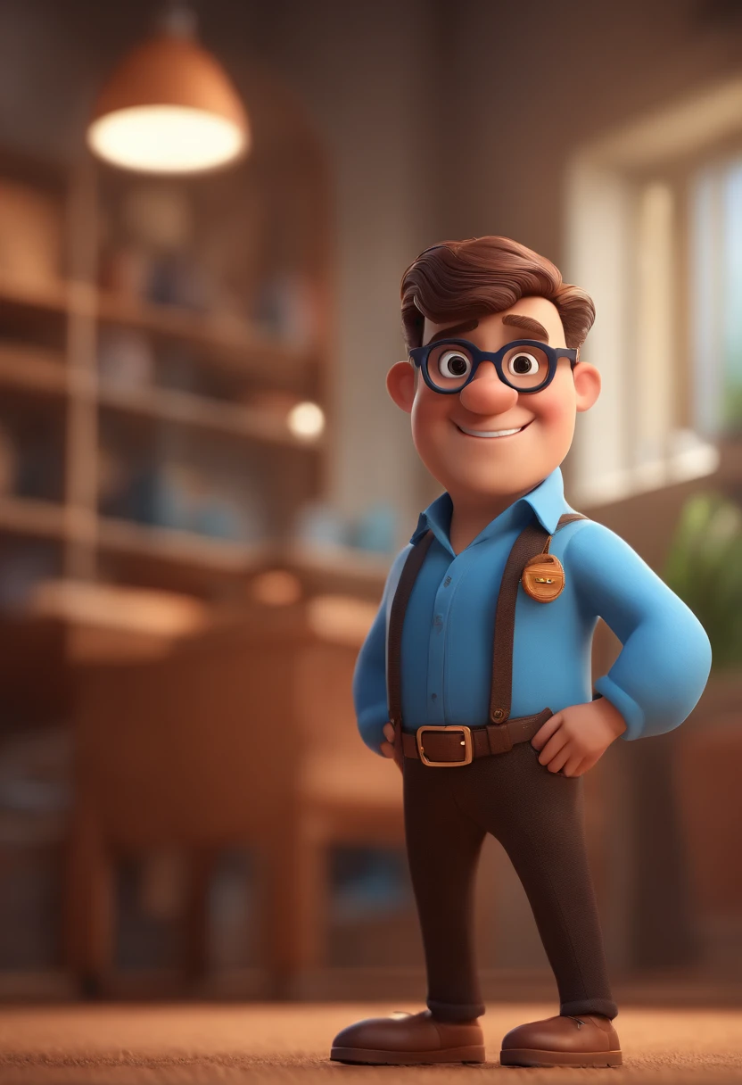 Cartoon character of a man with black glasses and a blue shirt, animation character, Caractere estilizado, animation style rendering, 3D estilizado, Arnold Maya render, 3 d render stylized, toon render keyshot, Personagem 3D, Personagem 3D, 3d rendering stylized, 3 d character render, personagem de desenho animado, Personagem de close up, Pose de personagem,  (Estilo Pixar) (master part:1.2) (Bokeh) (best quality) (pele detalhada) (textura detalhada) (8k) (argila) (Cinematic lighting) (foco nítido
