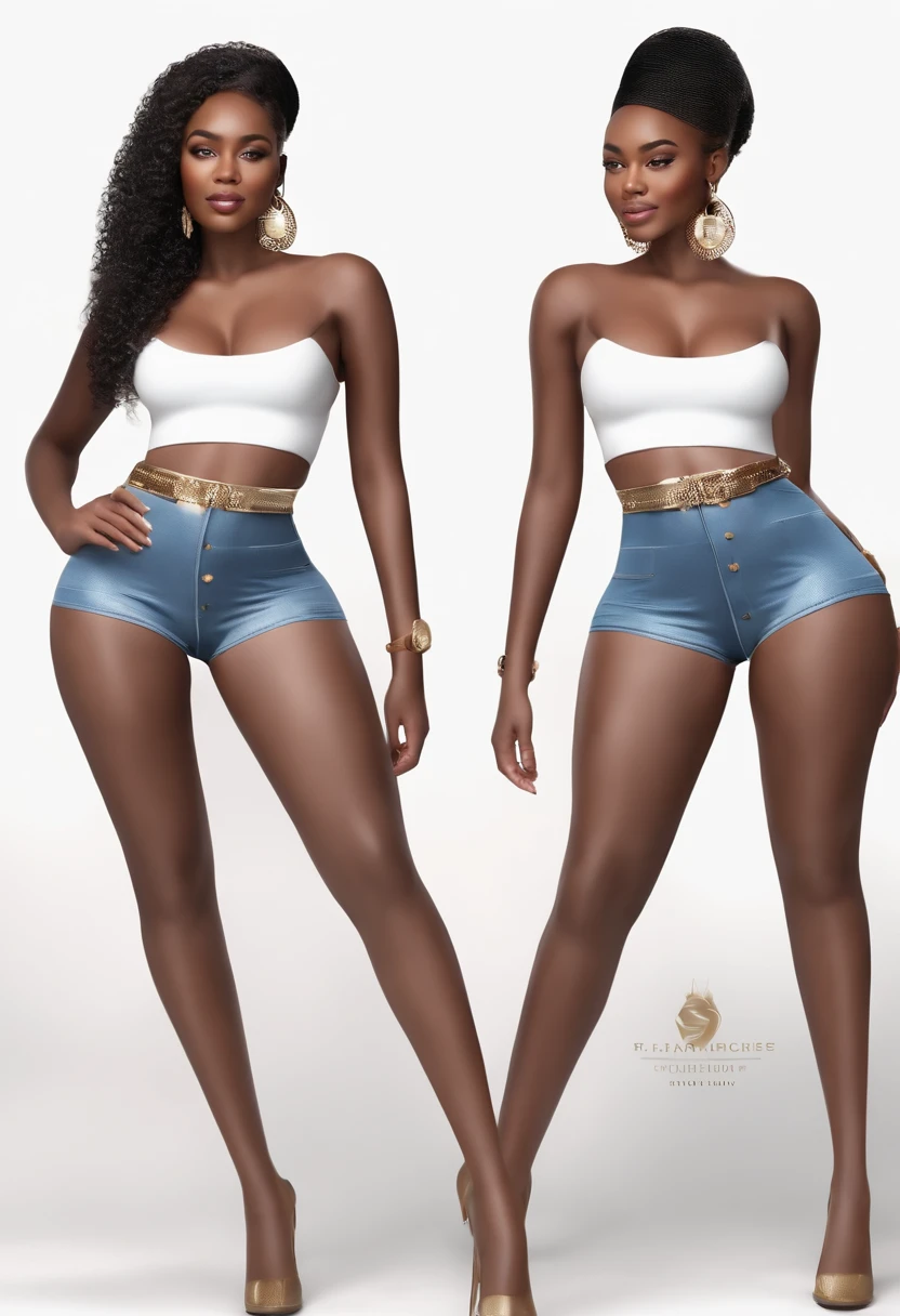 Magazine illustration，((An 18-year-old African female model))，White tight-fitting top，blue jeans short pants, Slim girl model, ((Extreme expression)), skinny waist and thick hips, Thin waist, ((C cup))，2 4 year old female model,, Smooth skin，Slim and plump，Sony SLR lens，Master masterpieces，Ultra high quality，Soft lighting，Bust photo