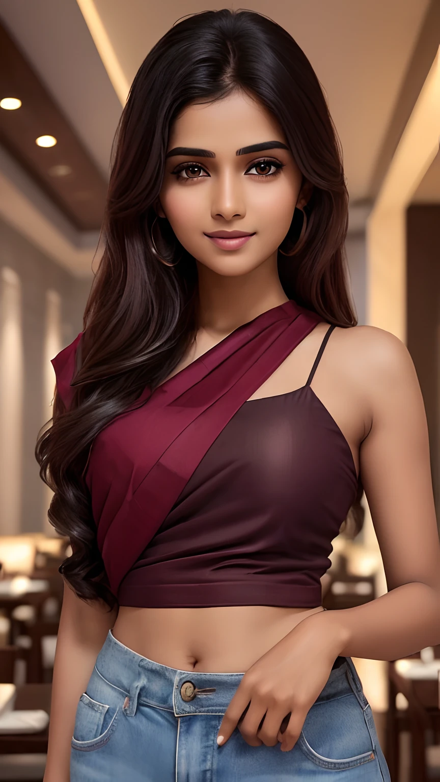((best quality, masterpiece)), a 30 year old Tamil girl hugged kissed smooched by 18 year old guy inside a restaurant, girl wearing maroon saree sleeveless blouse, petticoat, beautiful glossy lips, glowing flawless skin, slender tender beauty, slim toned body, guy wearing a black tee shirt jeans pant, tables chairs ceiling fans tubelights in the background, ((unrealistic face features)), ((zepto metric detailing of face eyes anatomy background)), zeta pixel image