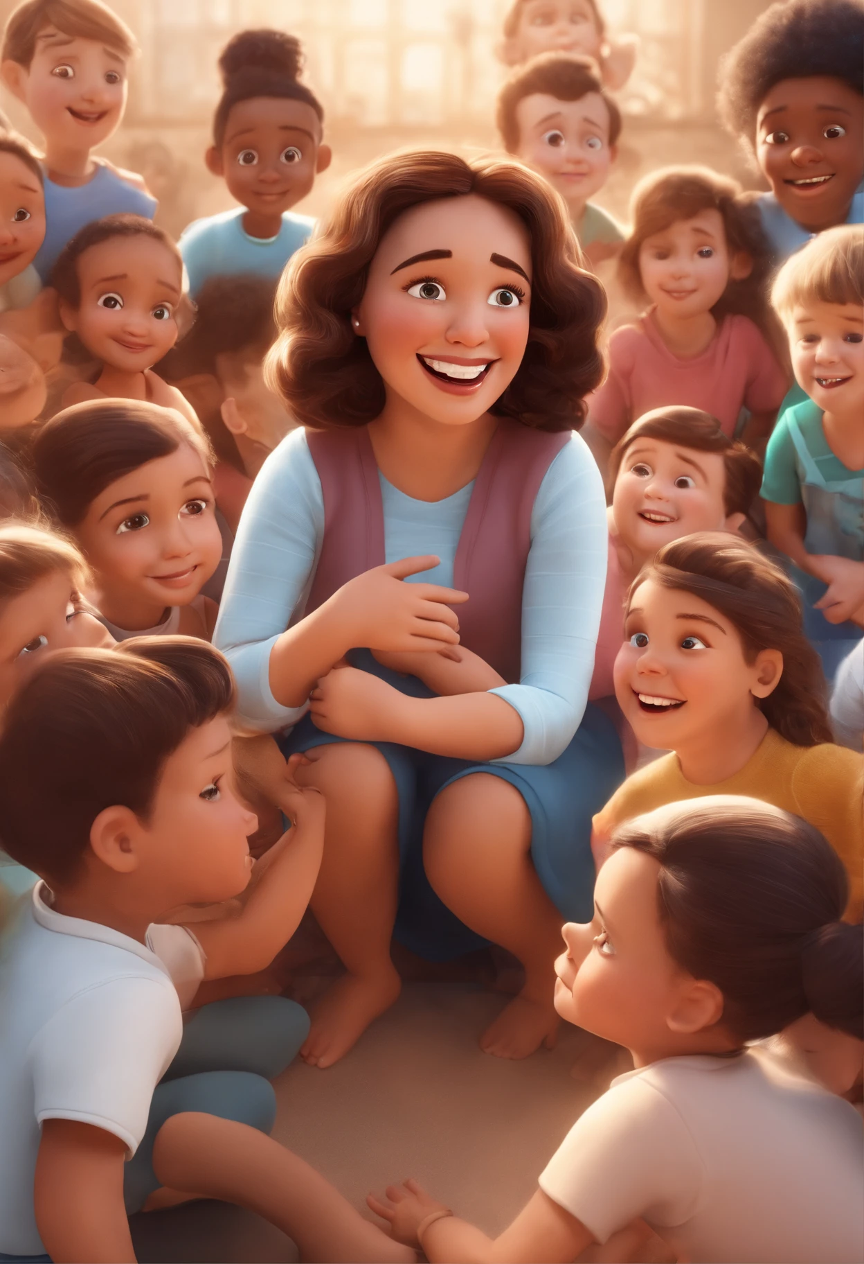 Image of a woman who is surrounded by children with down syndrome, autismo e TDAH, for a story in a YouTube video in Pixar format, she is the psychologist Maria Luiza, She's the brunette, Ela tem rosto arredondado, carinhosa e levanta-se para um monte de coisas, cabelo castanho abaixo dos ombros