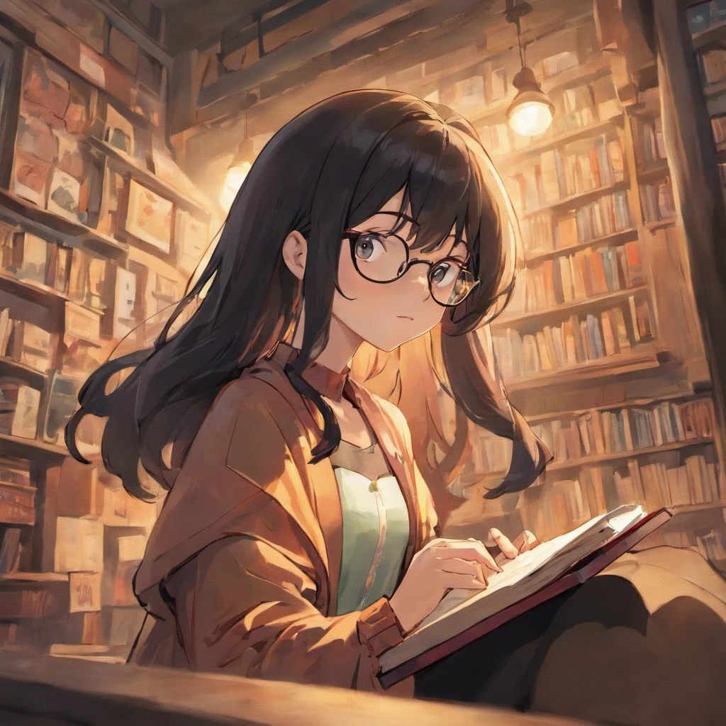 A white woman with long black hair in glasses reading a book, ::style pixar cartoon