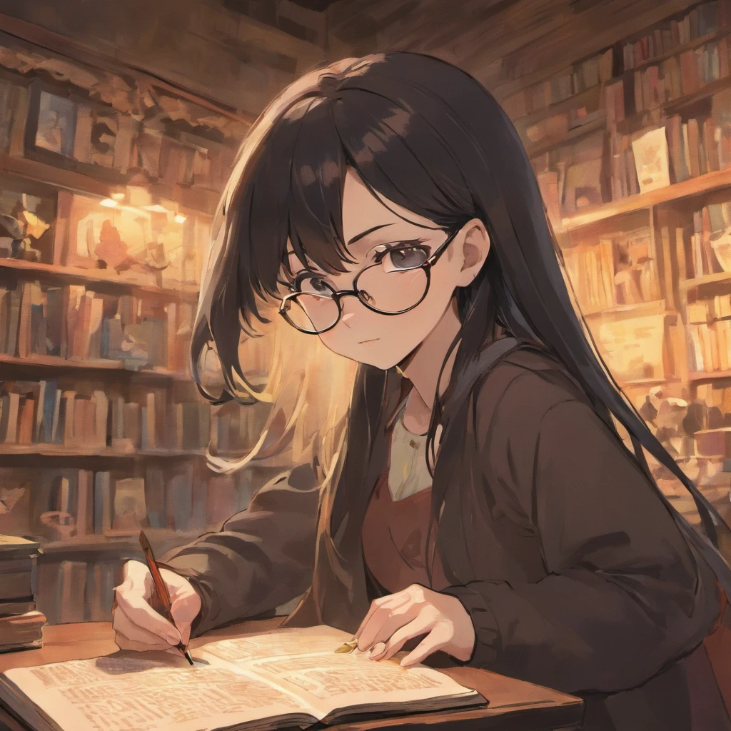 A white woman with long black hair in glasses reading a book, ::style pixar cartoon