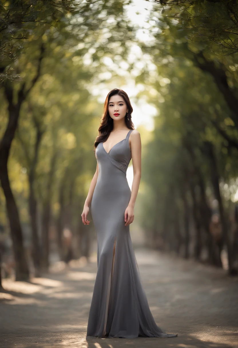 filmposter，Sony SLR lens，Master masterpieces，high-definition quality，（）A Chinese female model in a gray dress），posed for photo, Transparent gray dress, (((pretty face with arms and legs))), tight attire, very beautiful long slim legs, , full body photogenic shot, D-cup exposed cleavage，wearing tight simple clothes, woman model, tightly dress, Sexy dress, full body length shot,Soft lighting