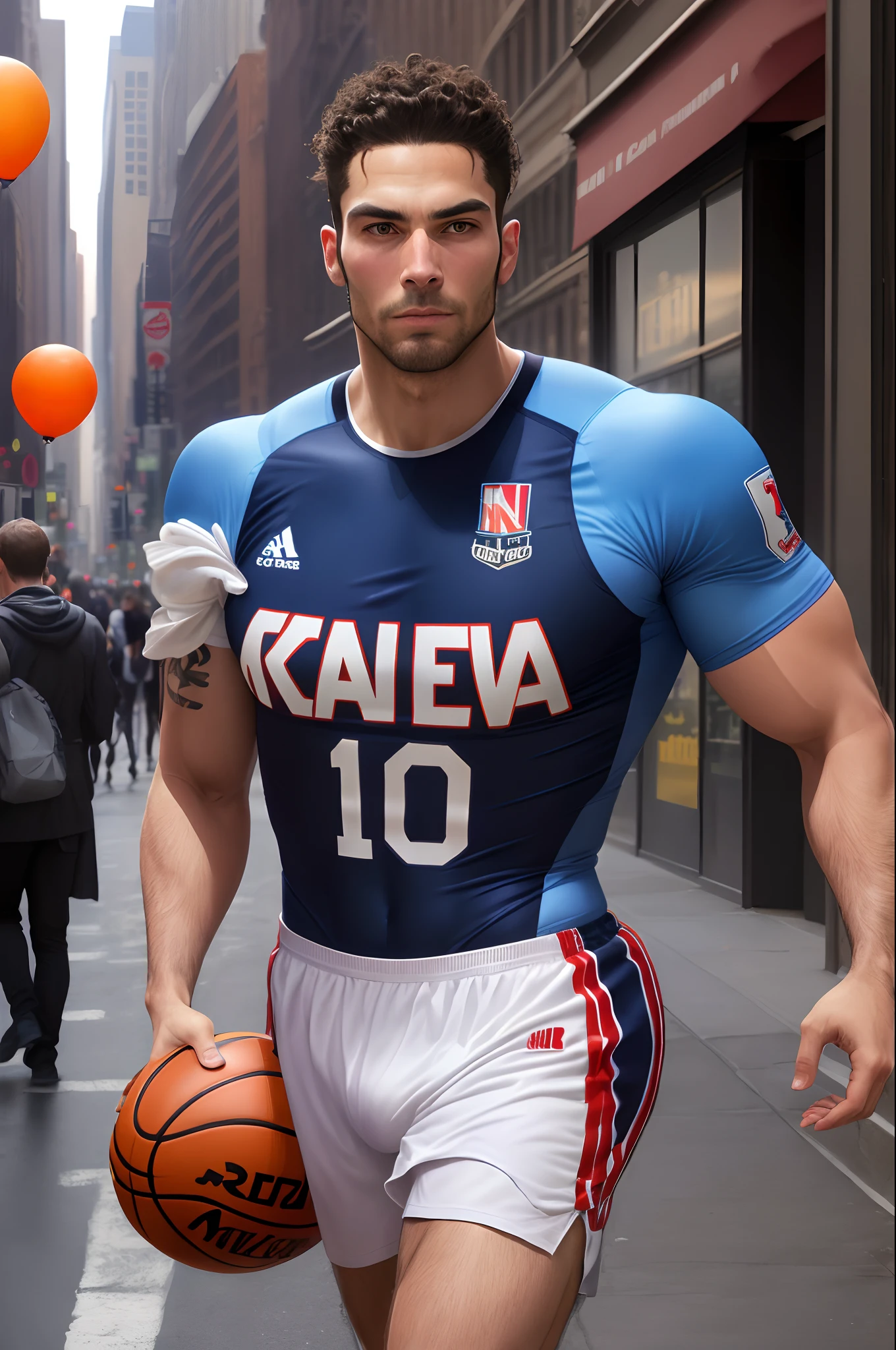 Metis Man, grand de taille, en maillot de basket , ballon de basket en mains , pleine nuit , rue de New York. Realistic version