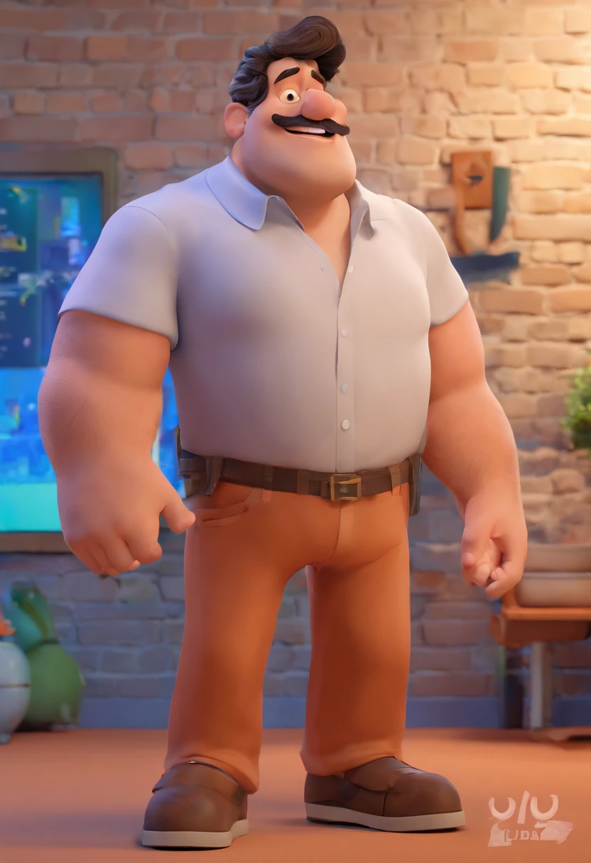 Personagem de desenho animado da Pixar de um Homem com 39 anos de idade, pesando 133kg , com 1,80 metros de altura, loiro olhos esverdeados barbudo, cabelo arrepiad