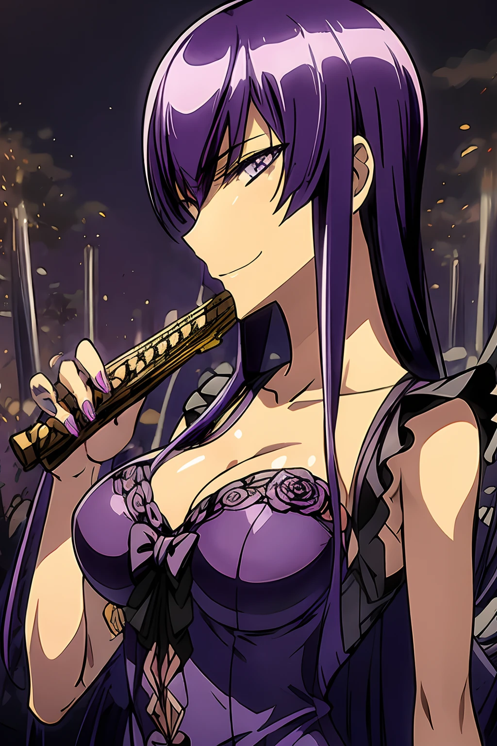 Saeko Busujima, una mujer con un vestido morado sosteniendo una guitarra, la catrina, para siempre alto, dia de los muertos!!, Day of the Dead dress and makeup, full color digital illustration, Monstruo Alto, stylized digital illustration, el dia los muertos!, (dia de los muertos)