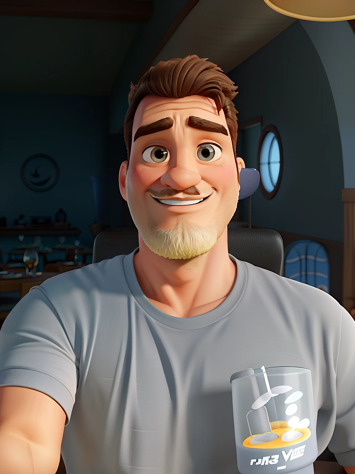 Poster no estilo Disney pixar, alta qualidade, melhor qualidade, homem sexy branco, 30 anos cabelo grisalho barba preta, musculoso, com fundo em um restaurante a luz de velas