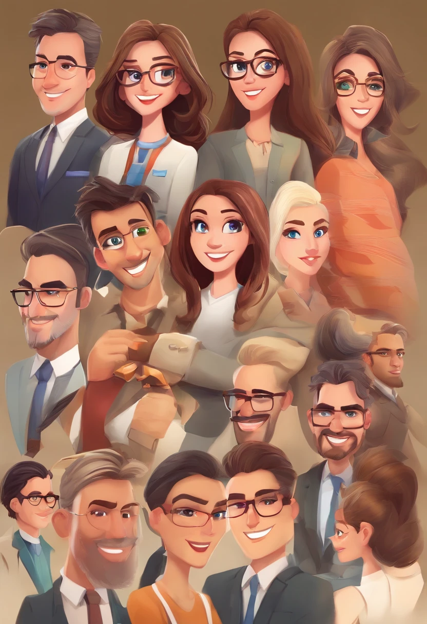 An illustration of four people, destacando um homem moreno de cabelo curto nas laterais, aparelho nos dentes com olhos castanhos e nariz bonito, uma mulher bonita com o cabelo cinza, Olhos expressivos e sorriso bonito, another man husband of the woman with medium nose and wearing glasses with straight hair and the other man with beard and light brown eyes – the men's skin is white and the men's hair is brown and gray on the sides, while the woman's skin is white and the woman's hair is straight and gray. They are in a company called "XIS DESIGN", cada um com um sorriso no rosto, e compartilhar um momento especial caracterizado pelo amor, arroz, e insights educacionais. Illustrate this scene from a perspective where they are facing away from the camera, Showing Your Connection. Desenvolva esta arte em Full HD, Focus on your cinematic touch, Estilo Disney Pixar Animations
