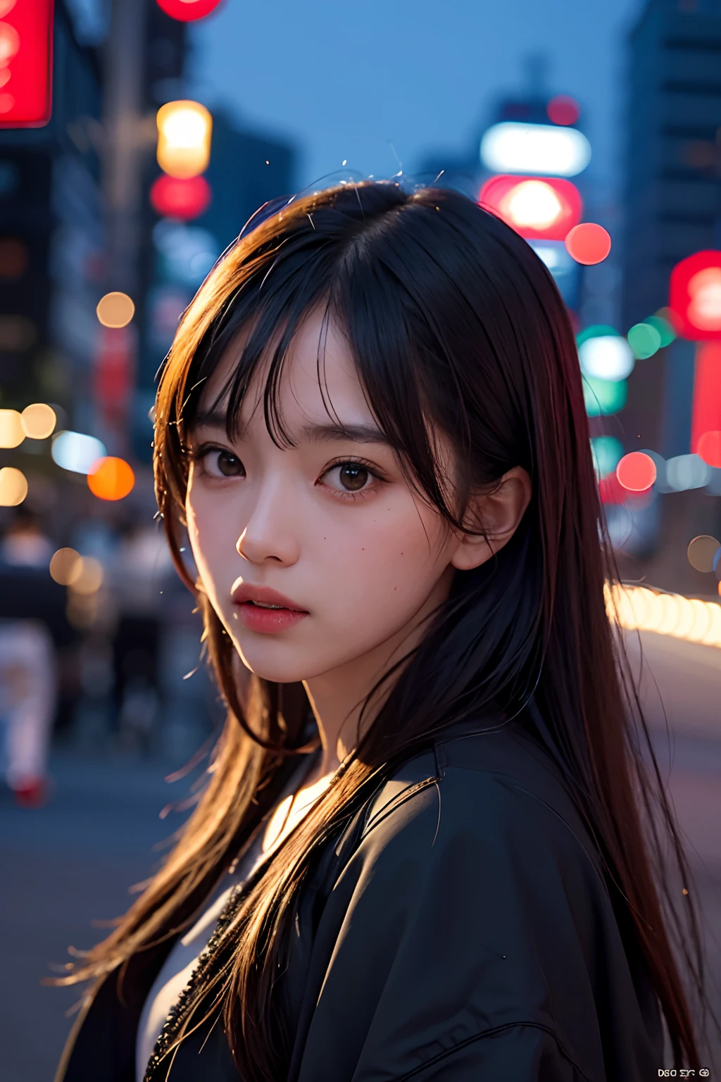 1girl, Tokyo street,night, cityscape,city lights, upper body,close-up, 8k, RAW photo, best quality, masterpiece,realistic, photo-realistic,