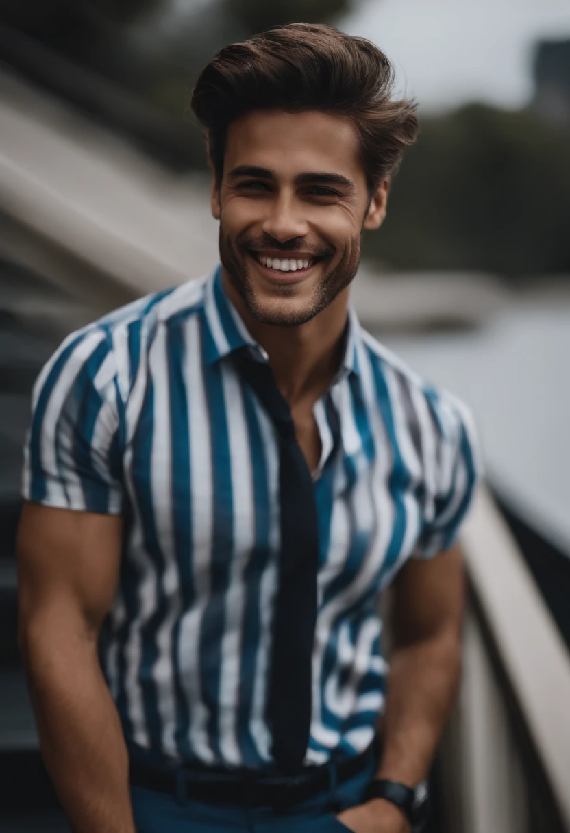 Homem pardo cabelo curto com um sorriso no rosto usando um terno preto com camisa social branca e gravata azul