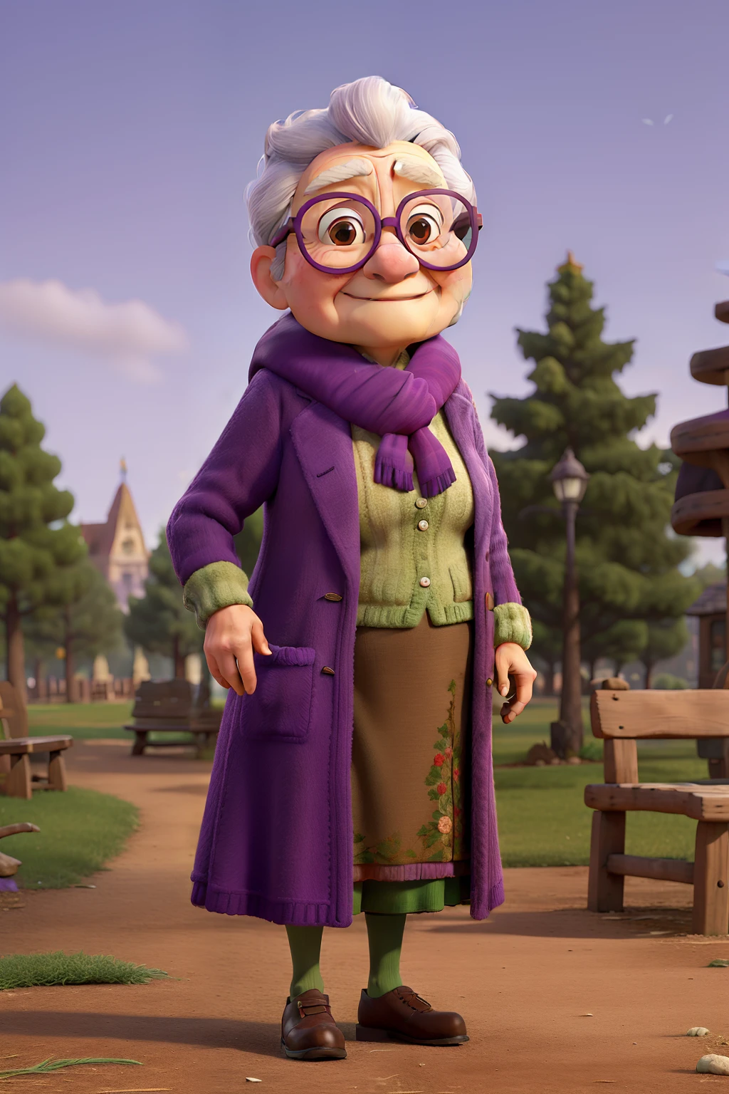 masterpiece, best quality, an old woman with glasses and a scarf on, wearing a purple coat and green scarf, standing at the park