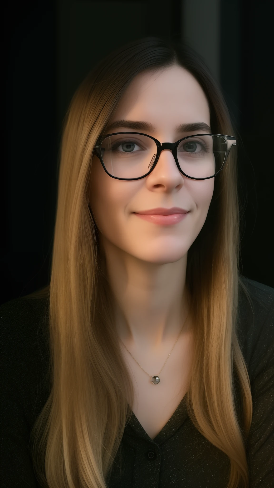 Woman with glasses and black shirt smiling at camera, wearing thin large round glasses, staring directly at camera, wearing square glasses, Meio retrato, cerca de 3 5 anos, Retrato Sabrina Lloyd, wearing black rimmed glasses, with glasses on, With eye Glasses, looking to the side off camera, wearing small round glasses, retrato frontal