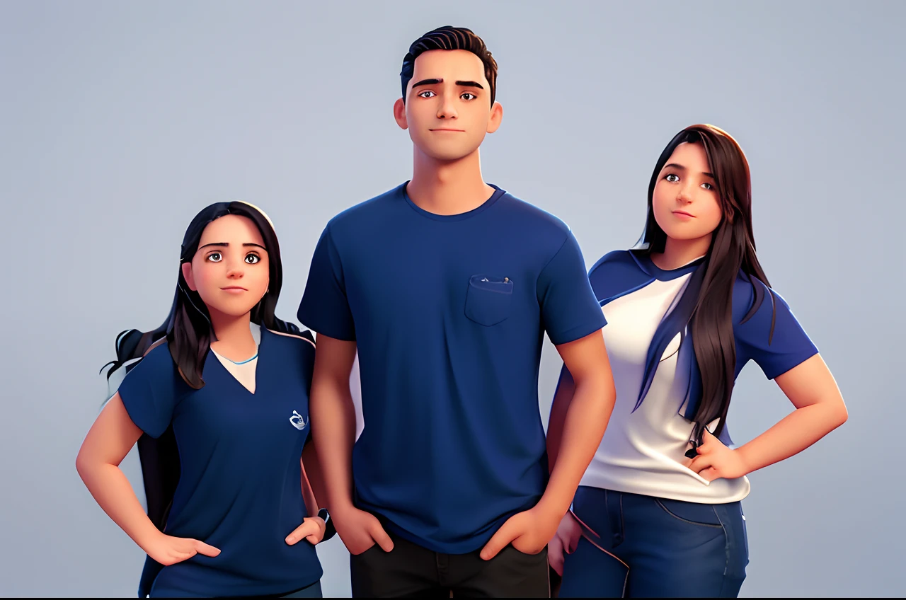 Three people wearing the same navy blue t-shirt, black pants, standing next to each other in front of a white background, imagem de perfil, Directed by: Luis Miranda, adreas rocha, Photographic Marketing, adulto, by Amelia Peláez, imagem frontal, zigor samaniego, Directed by: Samuel Silva, Directed by: Nandor Soldier, Family photo, 1614572159, Alex Flores
